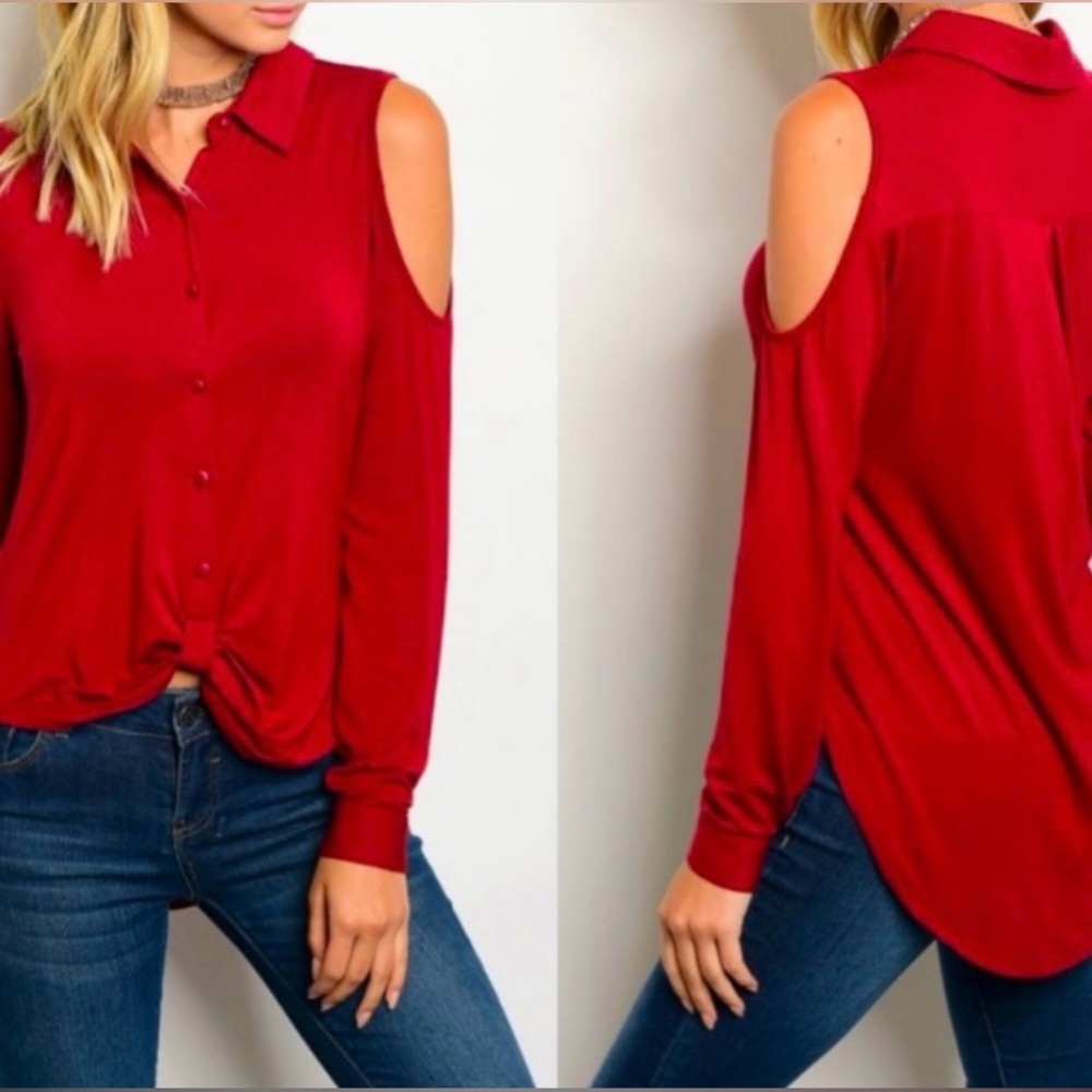 ✨Red Hot Wine Sexy Cold Shoulder Button Up Shirt✨Limited Stock✨